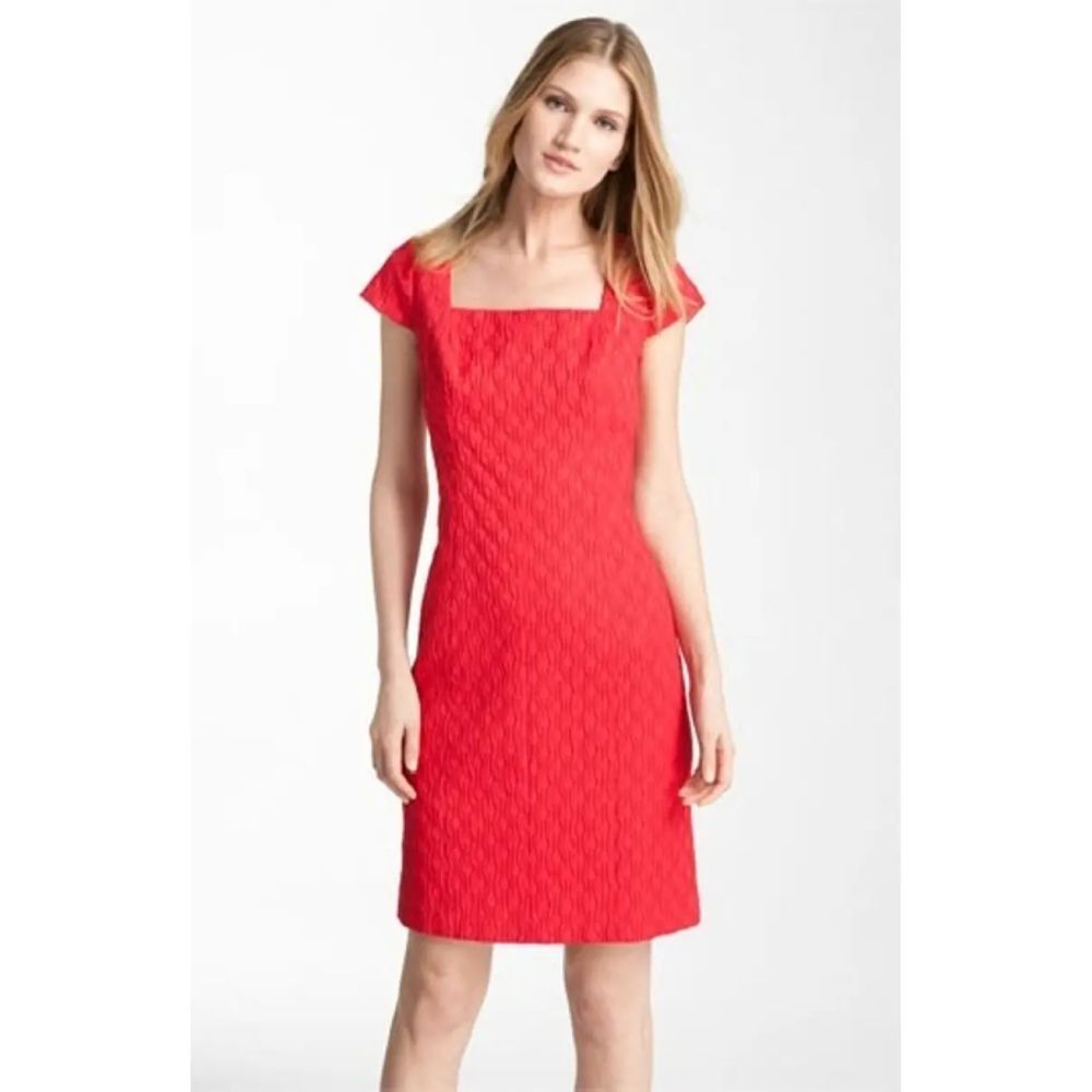 Adrianna Papell Red Textured Jacquard Square Neck Cap Sleeve Chic Sheath Dress 8
